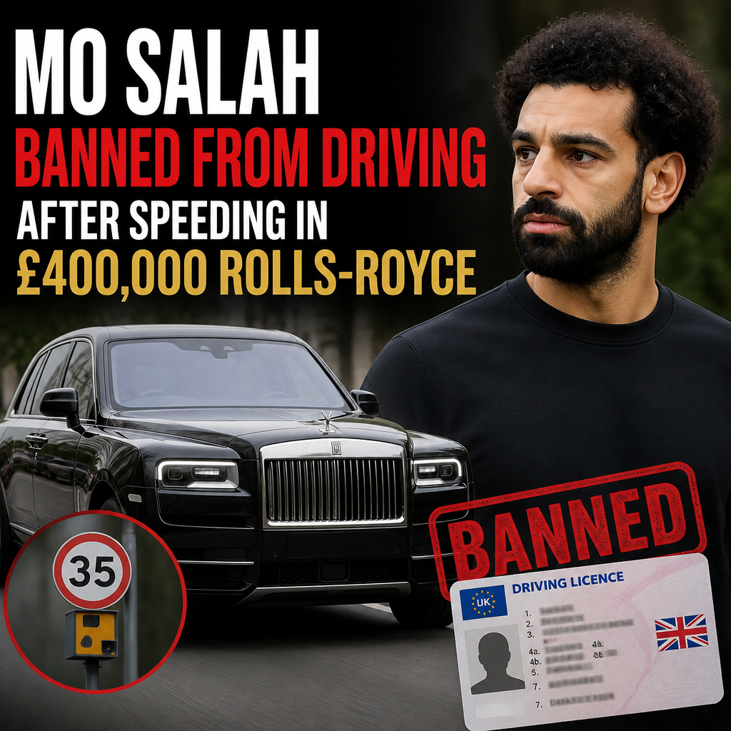 Mo Salah standing next to a white Rolls-Royce, smiling, with a city street background.