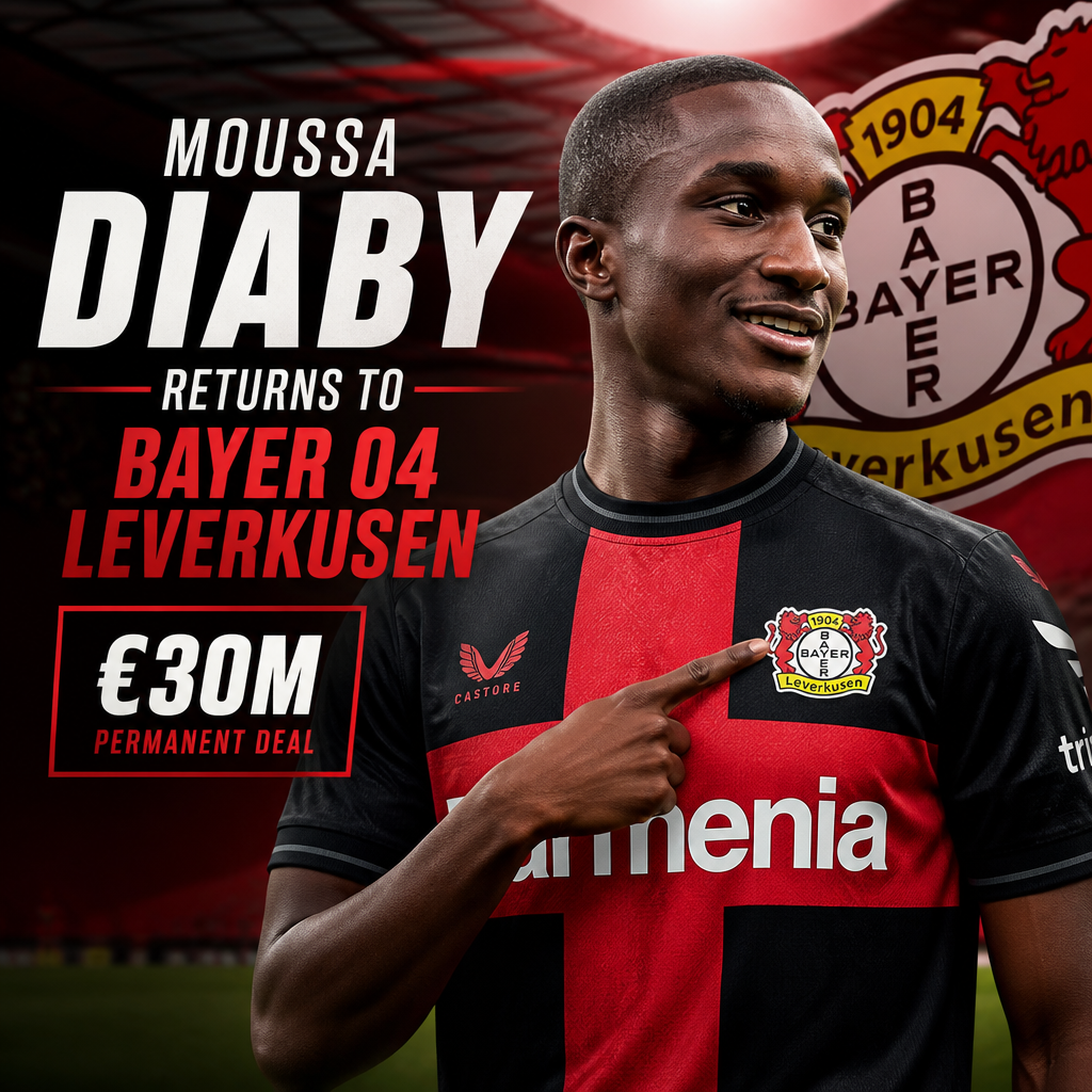 Moussa Diaby in Bayer 04 Leverkusen jersey celebrating his return in a €30M transfer deal.