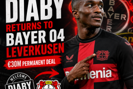Moussa Diaby in a Bayer 04 Leverkusen jersey celebrating his return in a €30M transfer.