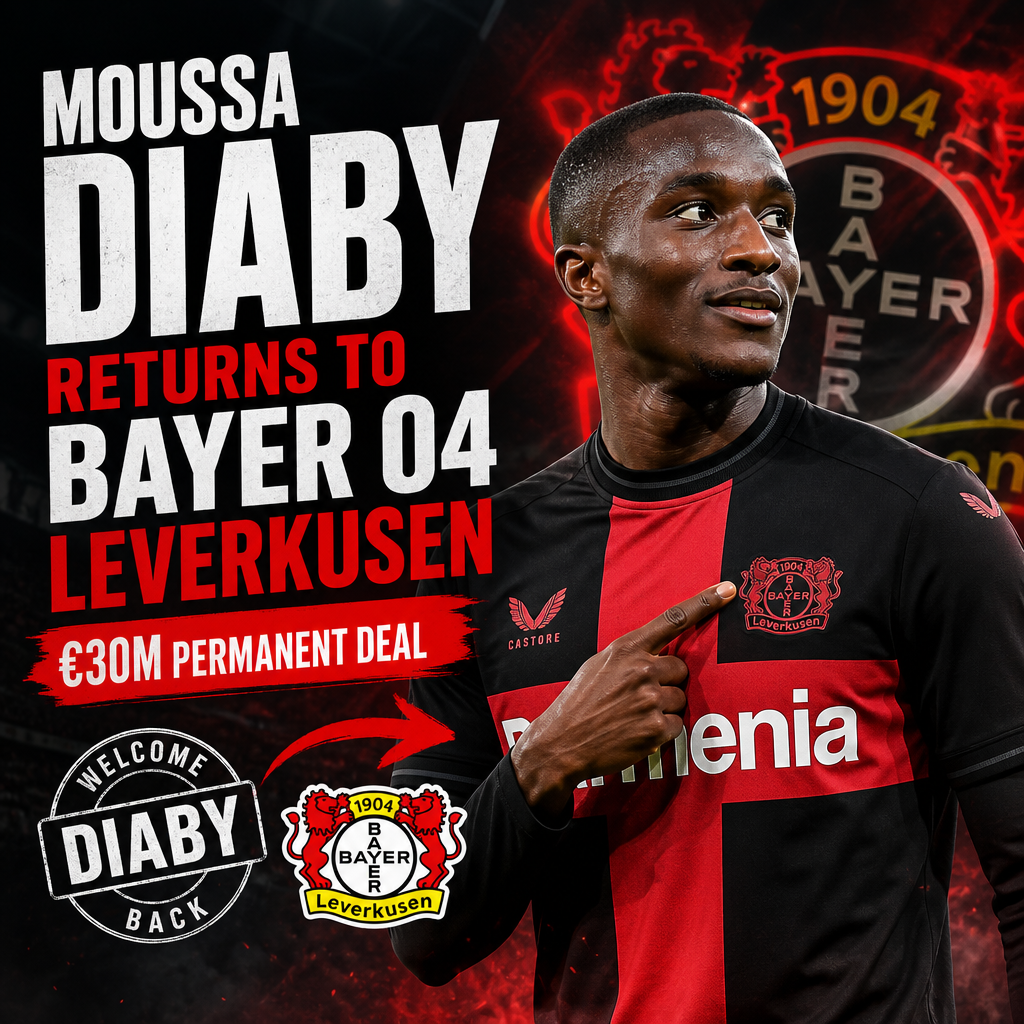 Moussa Diaby in a Bayer 04 Leverkusen jersey celebrating his return in a €30M transfer.