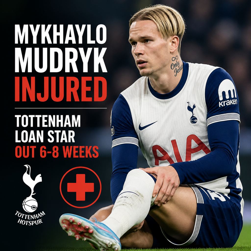 Mykhaylo Mudryk in Chelsea kit holding his leg in pain during a match, indicating injury.