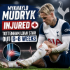 Mykhaylo Mudryk wearing Tottenham kit, looking injured and clutching his leg during a match.