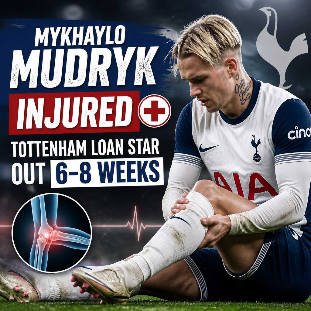 Mykhaylo Mudryk wearing Tottenham kit, looking injured and clutching his leg during a match.
