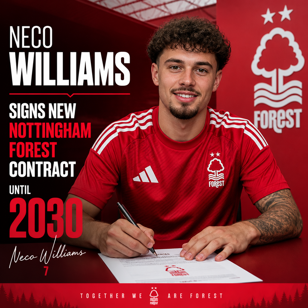 Neco Williams smiling and signing a Nottingham Forest contract at a table with club logos in the background.