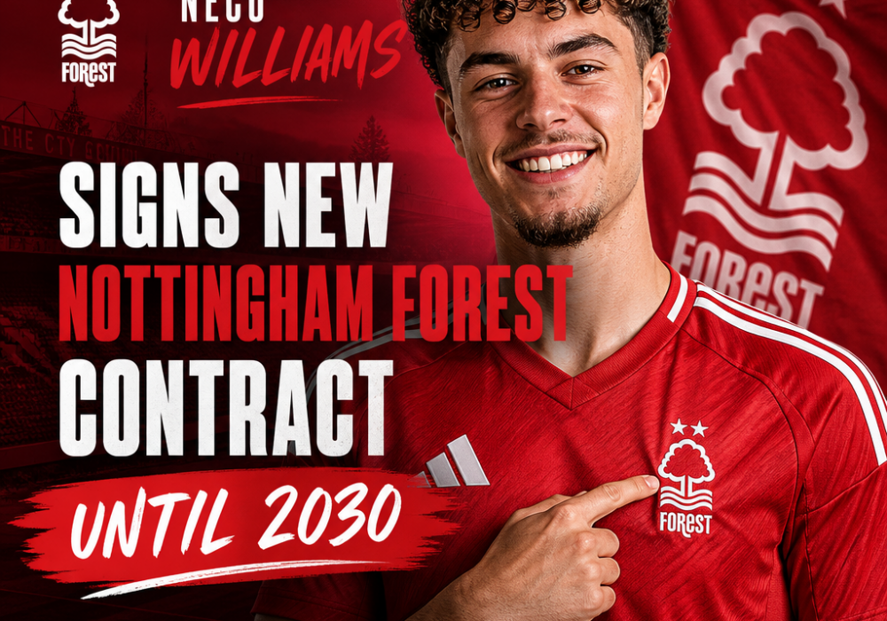 Neco Williams signing a new contract with Nottingham Forest, smiling and holding a signed document.
