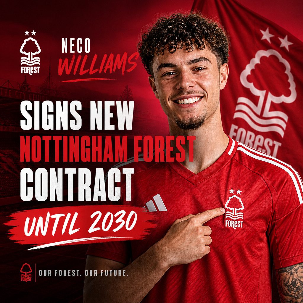 Neco Williams signing a new contract with Nottingham Forest, smiling and holding a signed document.