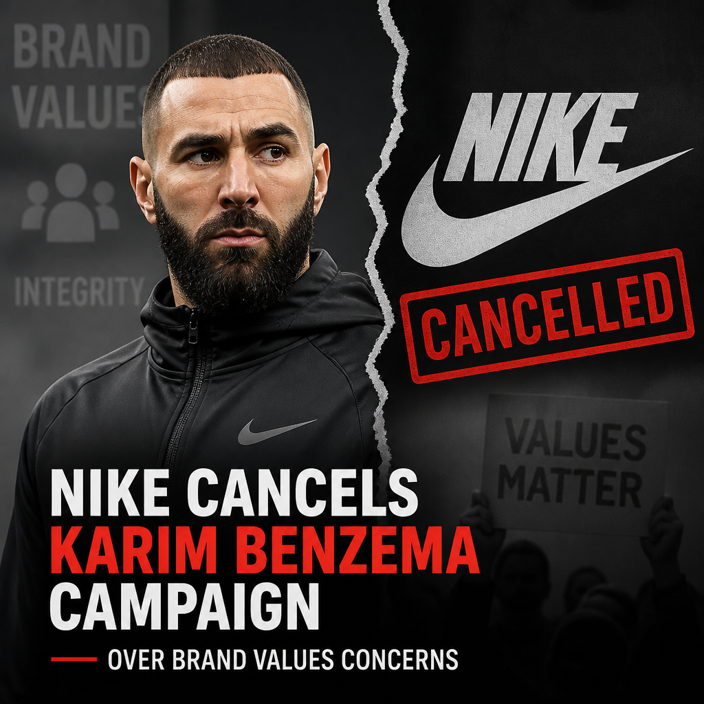 Karim Benzema wearing a Nike jersey, standing with arms crossed, showing a serious expression.