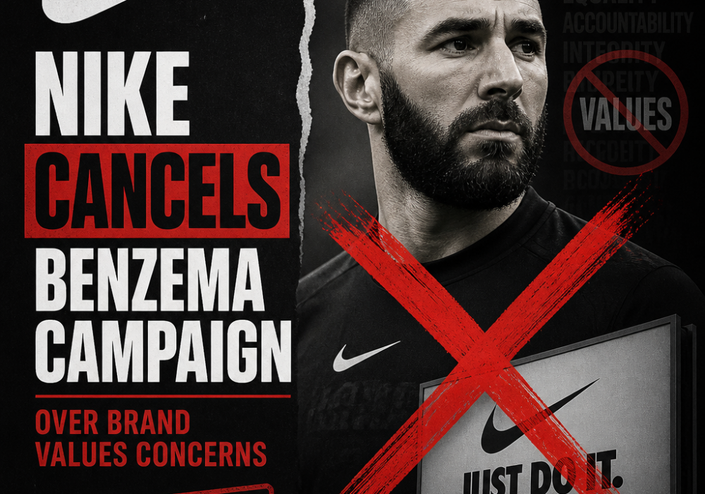 Nike logo with a red cancel mark over Karim Benzema's image, symbolizing campaign cancellation.