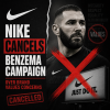 Nike logo with a red cancel mark over Karim Benzema's image, symbolizing campaign cancellation.