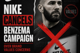 Nike logo with a red cancel mark over Karim Benzema's image, symbolizing campaign cancellation.