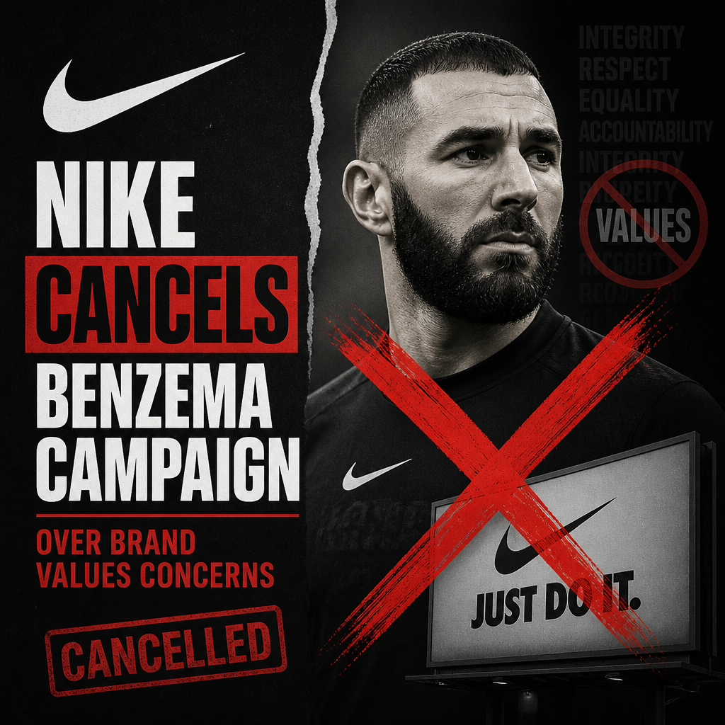 Nike logo with a red cancel mark over Karim Benzema's image, symbolizing campaign cancellation.