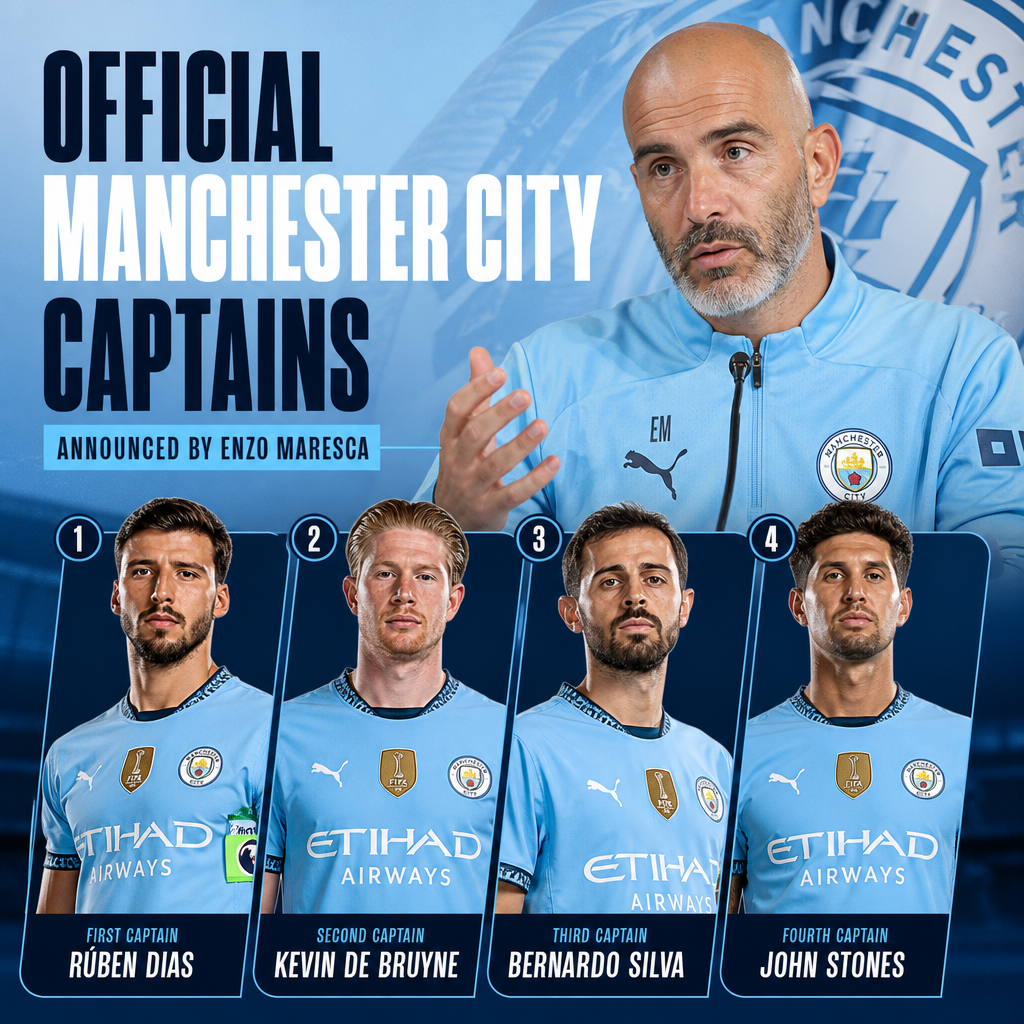 Manchester City captains Ruben Dias, Kevin De Bruyne, Bernardo Silva, and John Stones announced by Enzo Maresca.
