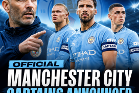 Manchester City football players lined up on the pitch during the official captains announcement by Enzo Maresca.