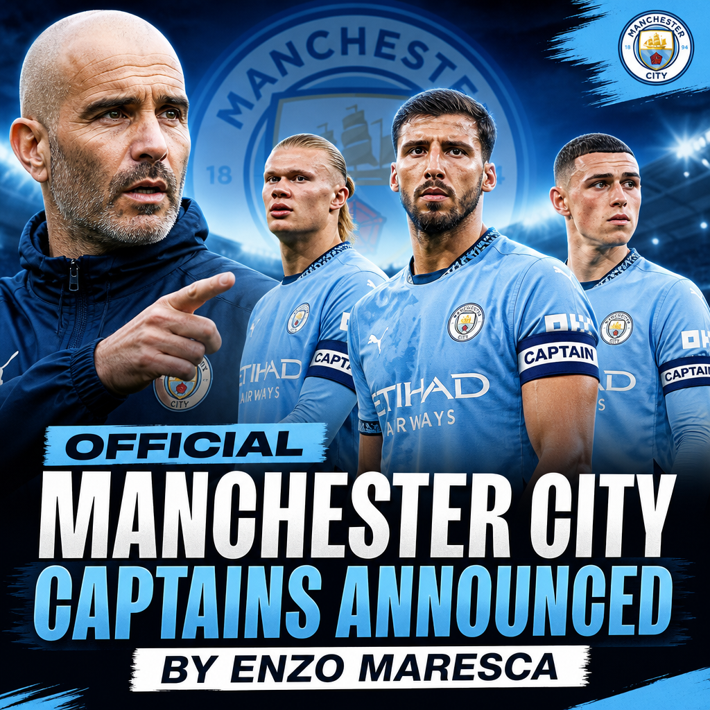 Manchester City football players lined up on the pitch during the official captains announcement by Enzo Maresca.