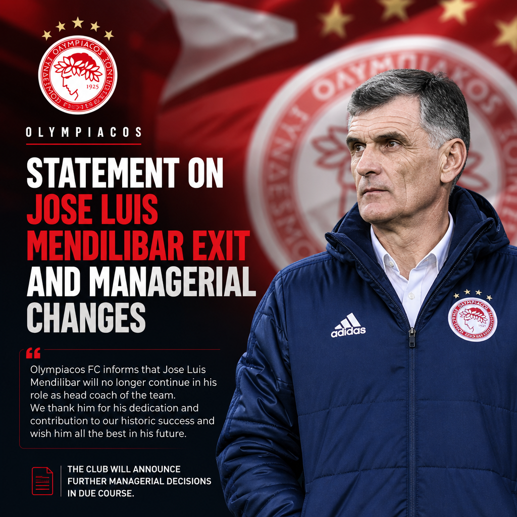 Official statement from Olympiacos FC on head coach Jose Luis Mendilibar's departure and future management plans.