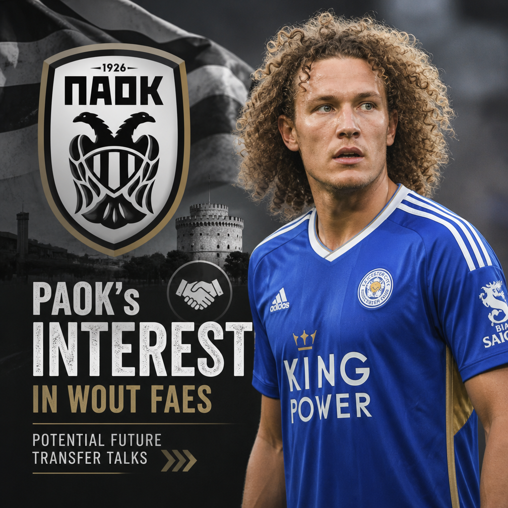 PAOK officials watching a football match, discussing a potential transfer involving Leicester City's Wout Faes.