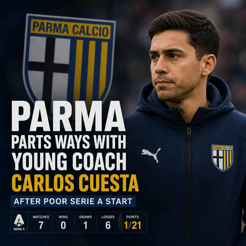 Young coach Carlos Cuesta speaking during a Parma Calcio press conference about the team's poor Serie A start.