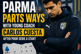 Carlos Cuesta looking serious during a Parma Calcio press conference announcing his departure.