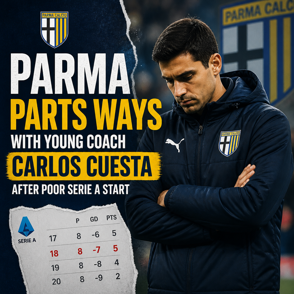 Carlos Cuesta looking serious during a Parma Calcio press conference announcing his departure.