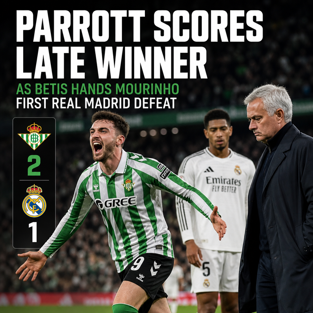 Real Betis players celebrate Parrott's late winning goal in a 2-1 victory over Real Madrid, handing Mourinho his first defeat