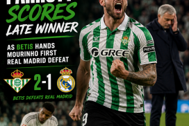 Real Betis player Parrott celebrates scoring the late winner against Real Madrid in a close 2-1 victory.