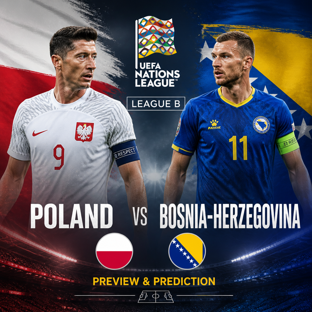 Poland and Bosnia-Herzegovina team logos with text showing UEFA Nations League League B match preview.