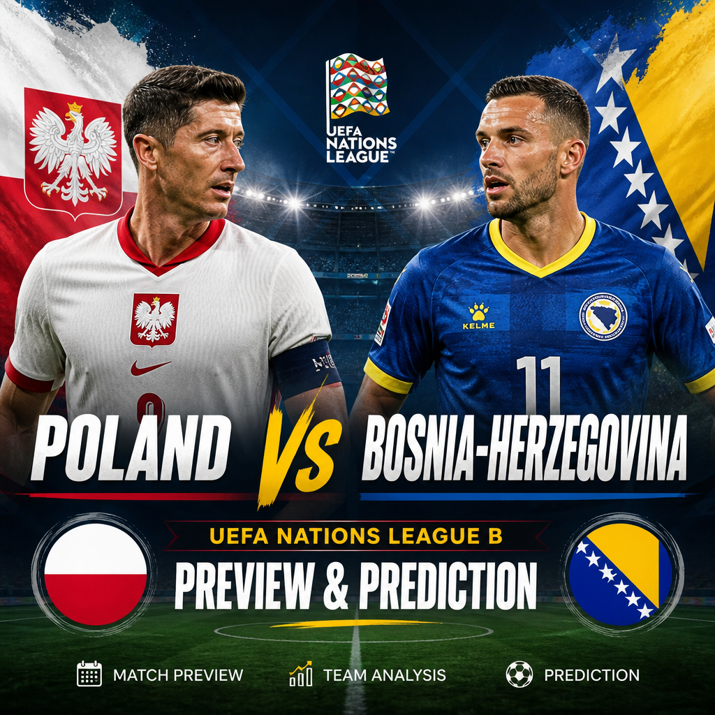 Graphic showing UEFA Nations League B match preview and prediction for Poland vs Bosnia-Herzegovina.