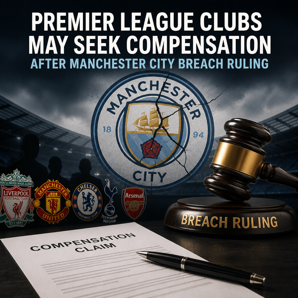 Map showing Premier League clubs possibly seeking compensation after Manchester City's breach ruling.