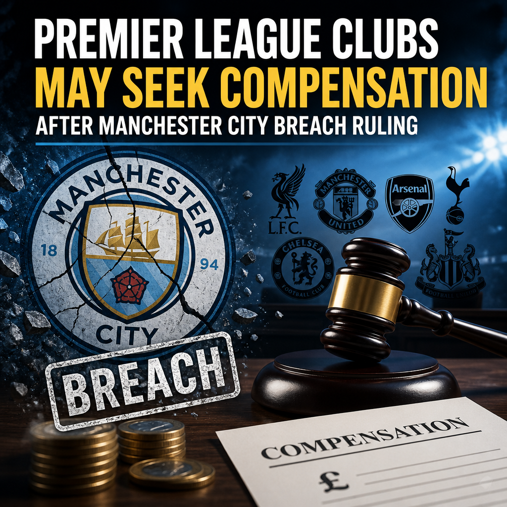 Graphic showing Premier League clubs discussing possible compensation after Manchester City's breach ruling.