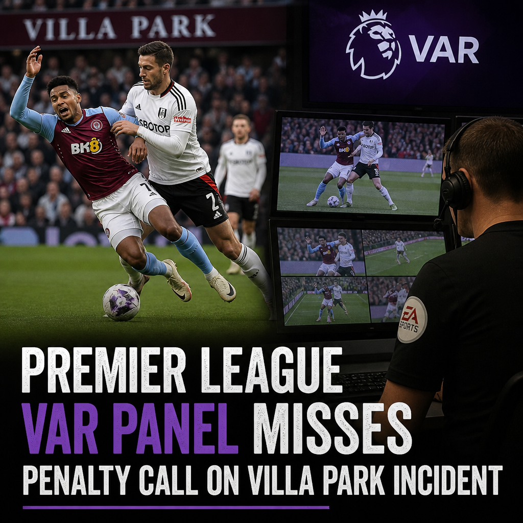 VAR officials reviewing play but missing a clear penalty call during a Premier League match at Villa Park.