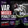 VAR officials reviewing a play on screens but missing a clear penalty call during a Premier League match at Villa Park.