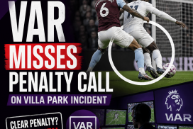 VAR officials reviewing a play on screens but missing a clear penalty call during a Premier League match at Villa Park.