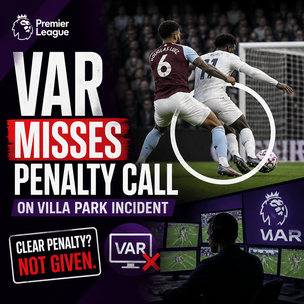 VAR officials reviewing a play on screens but missing a clear penalty call during a Premier League match at Villa Park.