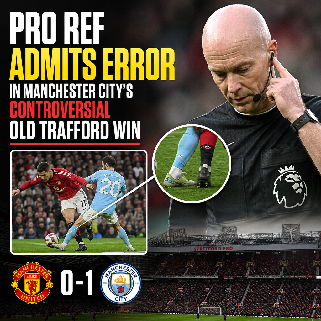 Referee holding a microphone during a press conference admitting an error in Manchester City's win at Old Trafford.