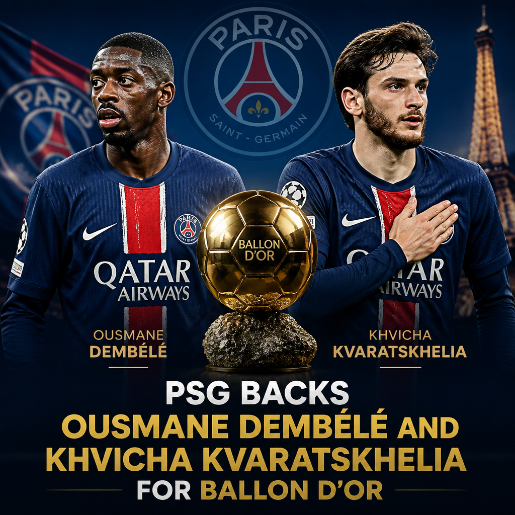 Paris Saint-Germain players Ousmane Dembélé and Khvicha Kvaratskhelia posing together, promoting Ballon d'Or support.