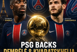 Paris Saint-Germain players Ousmane Dembélé and Khvicha Kvaratskhelia posing with a Ballon d'Or banner.