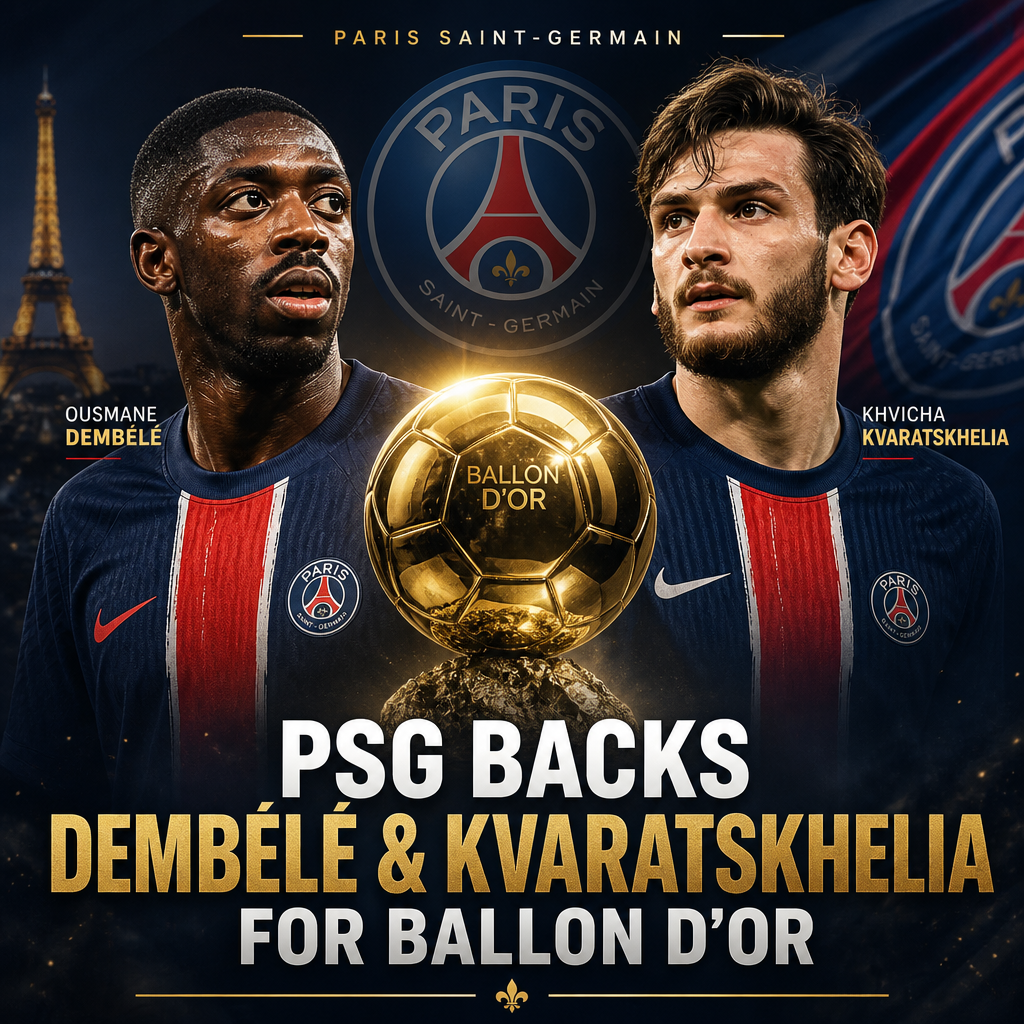 Paris Saint-Germain players Ousmane Dembélé and Khvicha Kvaratskhelia posing with a Ballon d'Or banner.