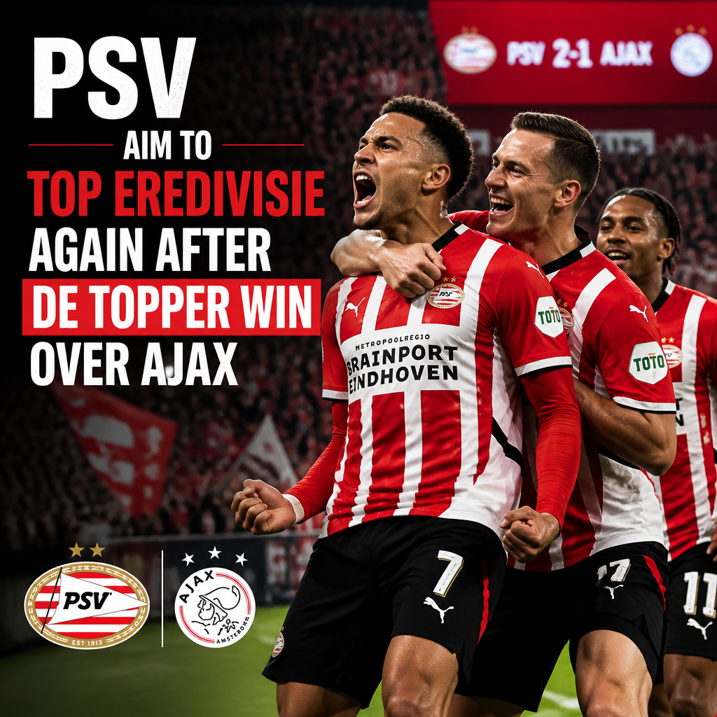 PSV Eindhoven players celebrate their win over Ajax in an Eredivisie football match.