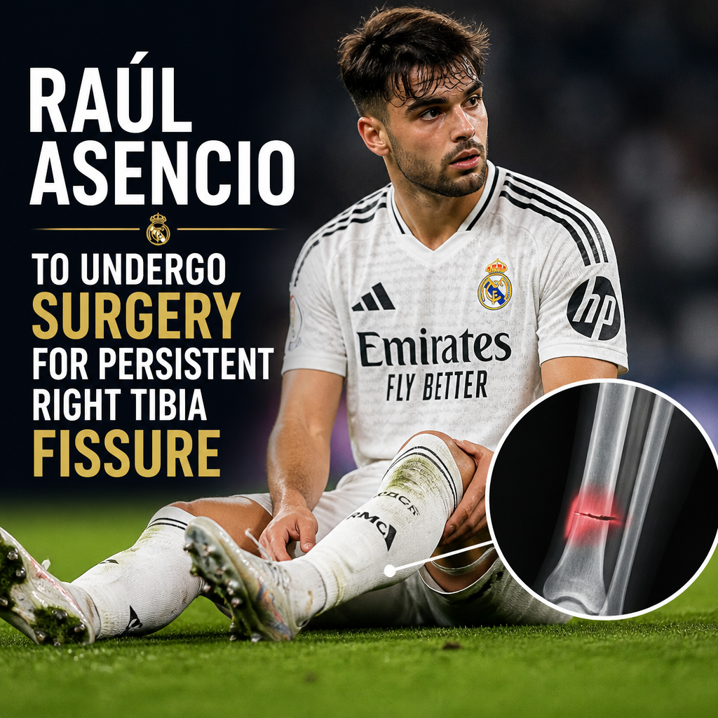 Raúl Asencio in a white football kit running on the pitch with the ball at his feet.