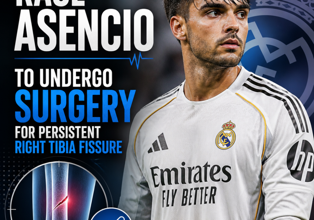 Raúl Asencio in Real Madrid jersey, preparing for surgery on persistent right tibia fissure.