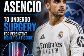 Raúl Asencio in Real Madrid jersey, preparing for surgery on persistent right tibia fissure.