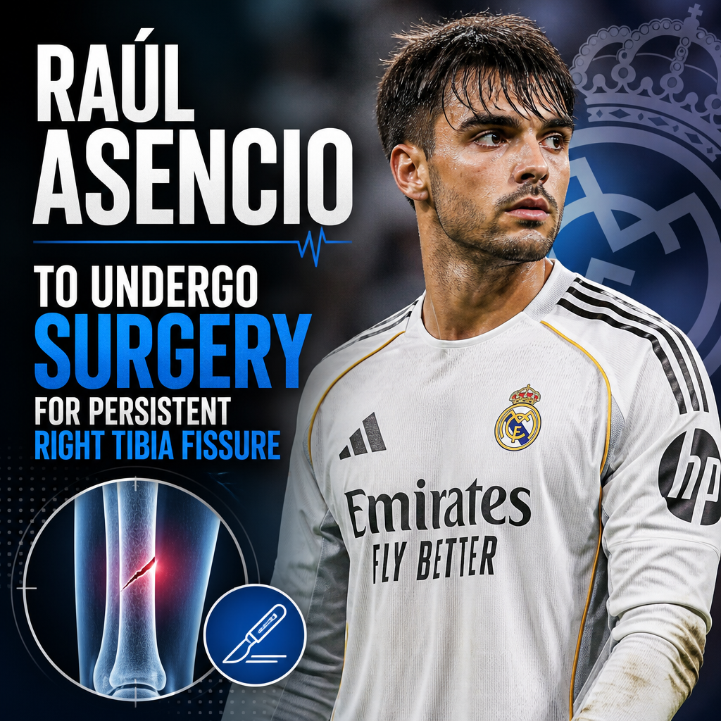 Raúl Asencio in Real Madrid jersey, preparing for surgery on persistent right tibia fissure.