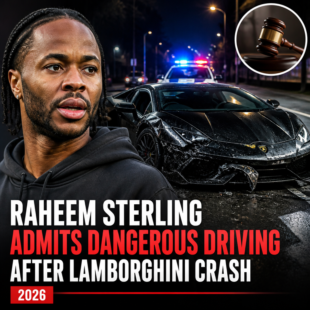 Raheem Sterling standing in front of police cars, admitting to dangerous driving after Lamborghini crash in 2026.