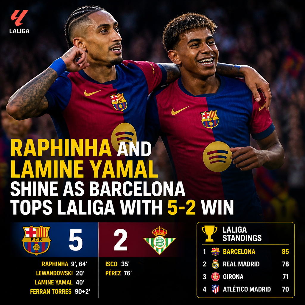 Raphinha and Lamine Yamal celebrate Barcelona's 5-2 win over Real Betis, securing the top spot in LaLiga.