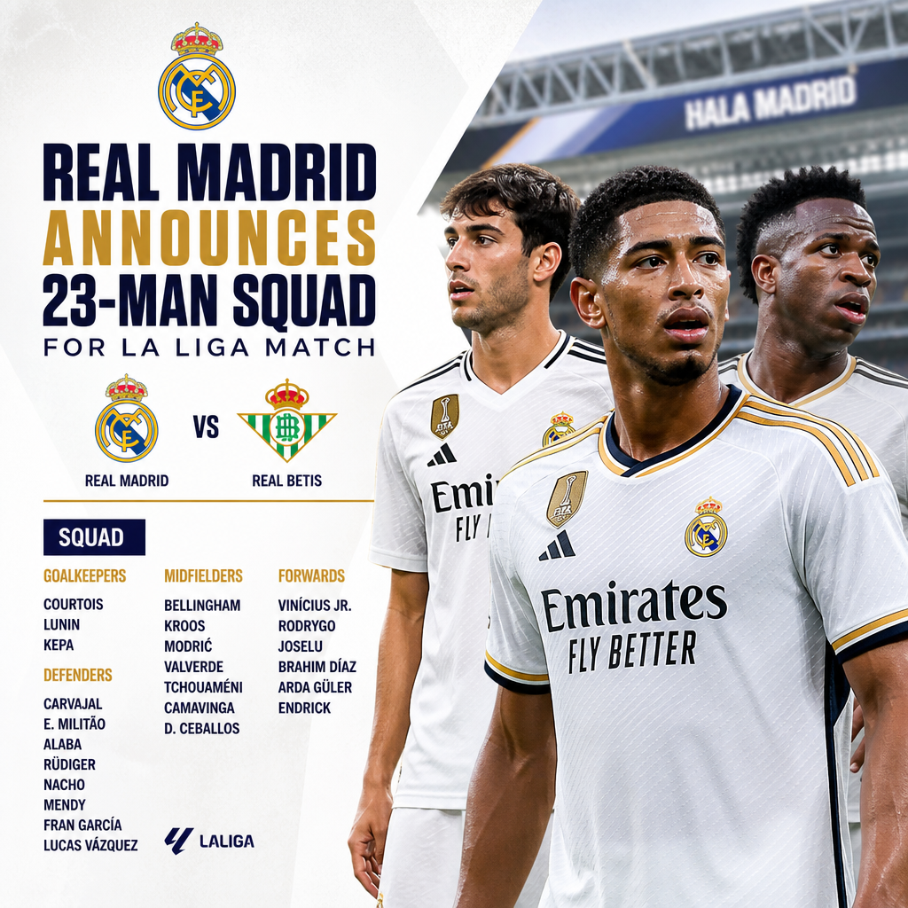 Real Madrid's coach announces the 23-man squad lineup for the La Liga match against Real Betis.