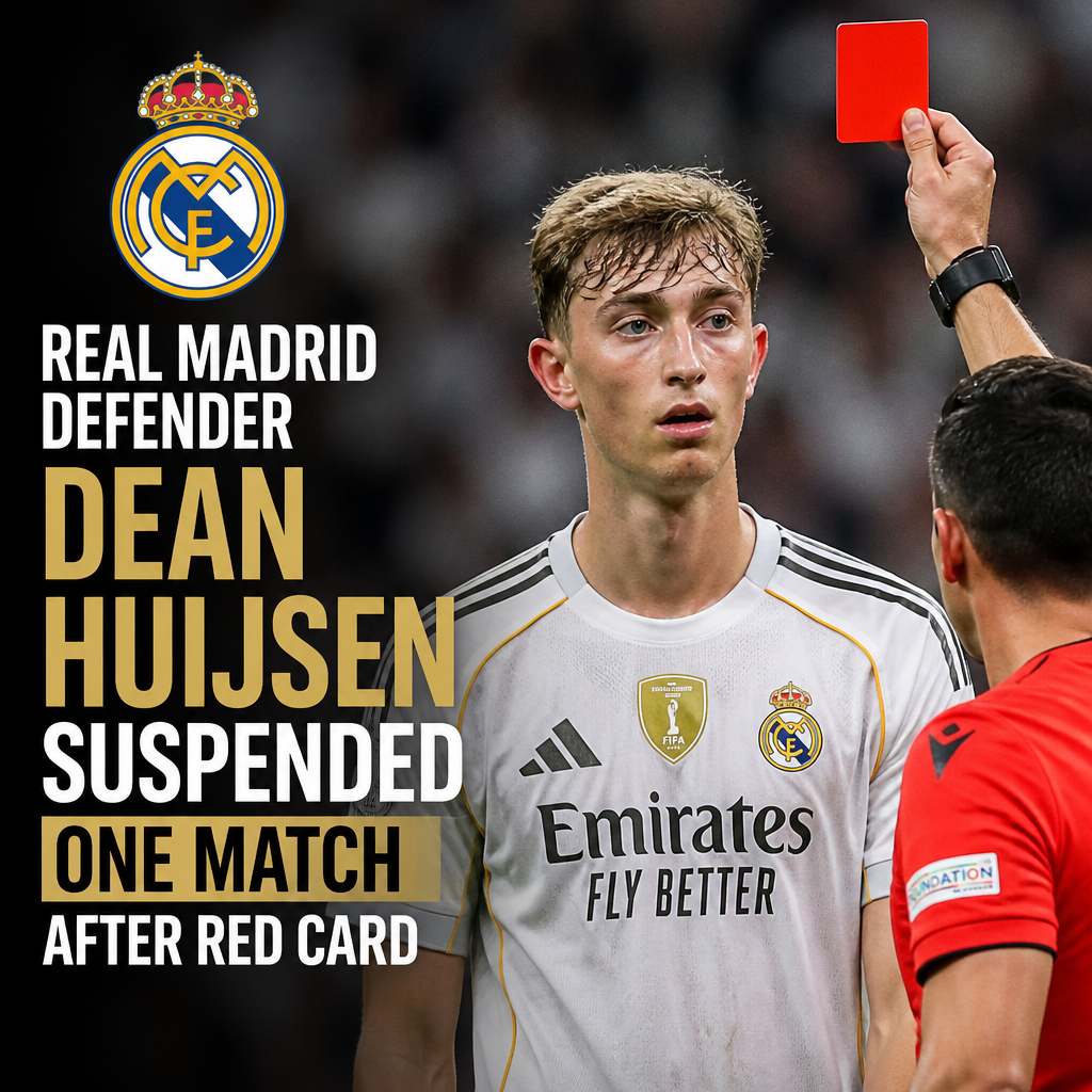 Real Madrid defender Dean Huijsen reacts after receiving a red card during a match.