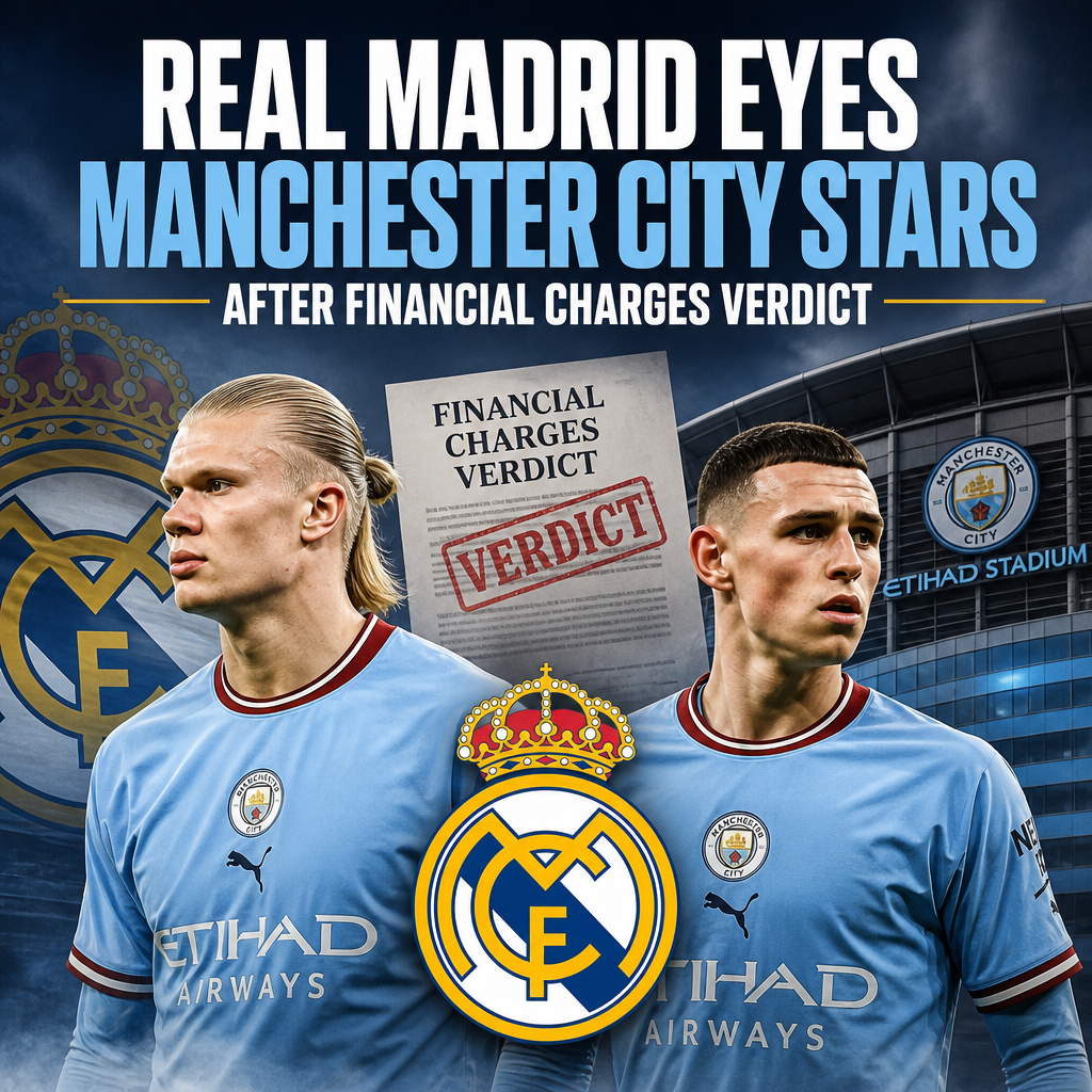 Real Madrid’s logo with Manchester City players in the background amid financial charges news.