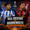 UEFA Europa League 2026 preview graphic showing Real Sociedad vs Bournemouth football teams and match details.