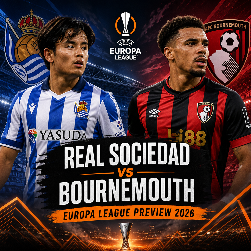 UEFA Europa League 2026 preview graphic showing Real Sociedad vs Bournemouth football teams and match details.