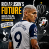 Richarlison celebrating a goal in a soccer match, wearing a white and navy kit with the number 9.